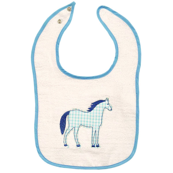 Blue Check Horse Appliqué Snap Bib T226
