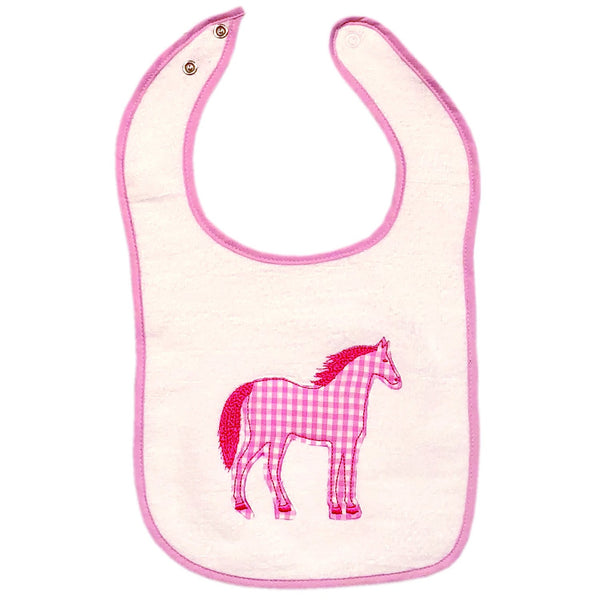 Pink Check Horse Appliqué Snap Bib T225